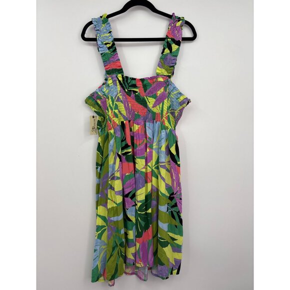 Terra & Sky Peasant Boho Smocked Tropical Floral Dress Green Multi Color 1X NEW - Picture 6 of 6